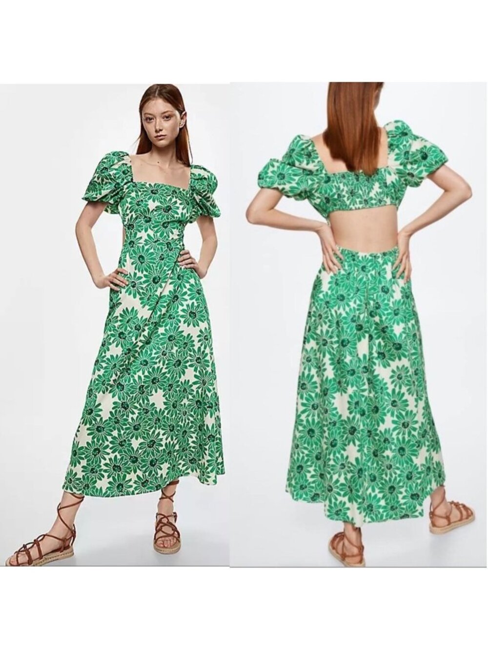 Mango‎ MNG Green Floral Print Cotton Open Back Puff Sleeve Margi Maxi Dress Sz 6